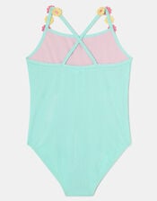 Girls Flower Strap Swimsuit , Blue (BLUE), large