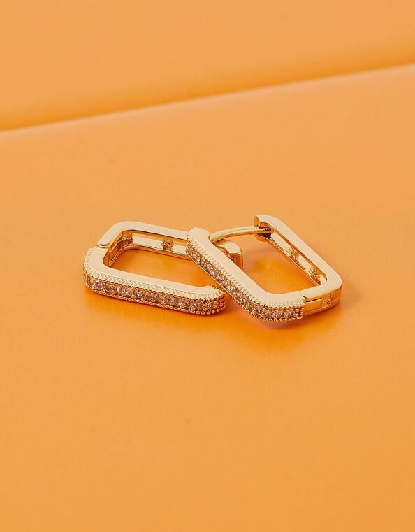 14ct Gold-Plated Sparkle Rectangle Hoops, , large