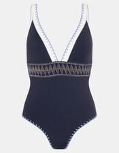 Plunge Geometric Swimsuit, Blue (NAVY), large