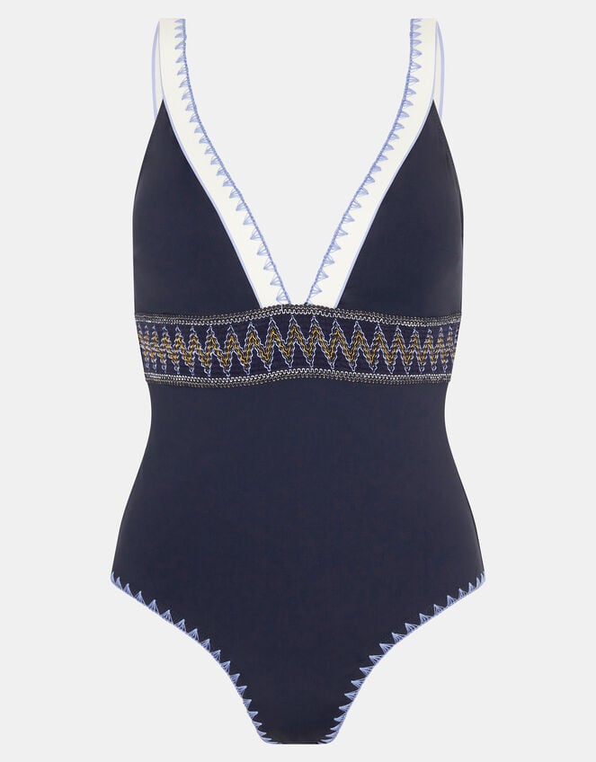 Plunge Geometric Swimsuit, Blue (NAVY), large