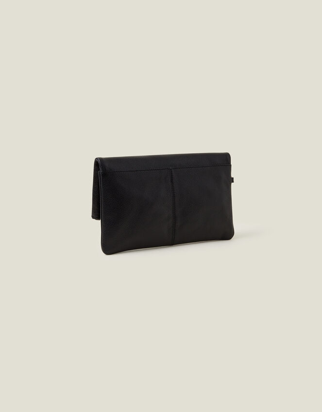 Leather Fold-Over Clutch Bag, Black (BLACK), large