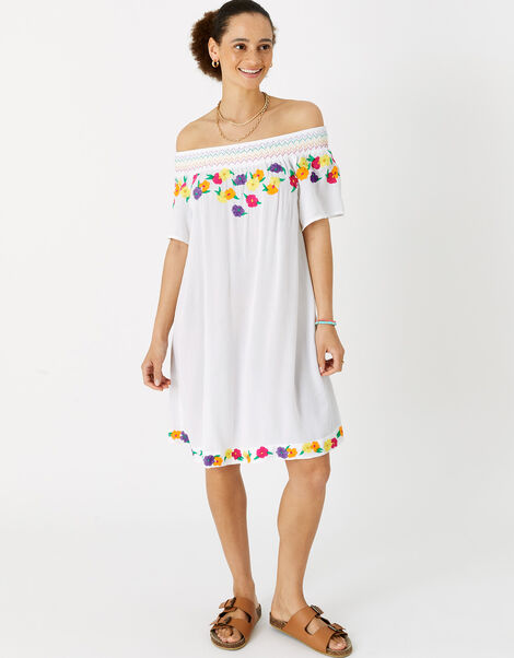 Pop Floral Embroidered Bardot Dress Ivory, Ivory (IVORY), large