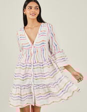 Stripe Flute Sleeve Dress, White (WHITE), large