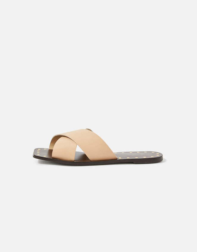 Crossover Studded Leather Sliders, Nude (NUDE), large