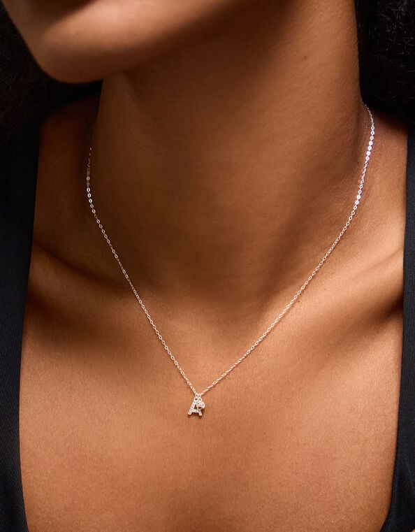Sterling Silver Stone Initial Pendant Necklace, Silver (ST SILVER), large