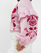 Floral Embroidered Stripe Blouse, Red (RED), large