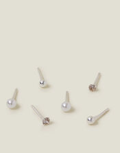 3-Pack Sterling Silver-Plated Pearl Mix Stud Earrings, , large