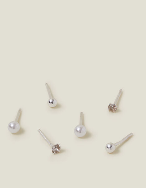 3-Pack Sterling Silver-Plated Pearl Mix Stud Earrings, , large