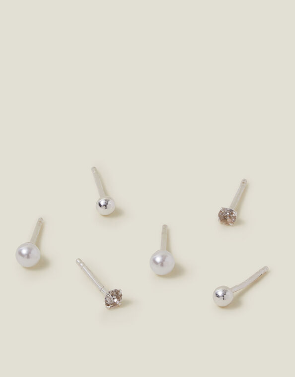3-Pack Sterling Silver-Plated Pearl Mix Stud Earrings, , large