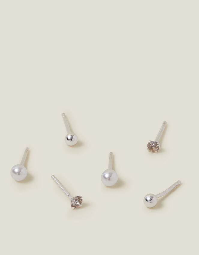3-Pack Sterling Silver-Plated Pearl Mix Stud Earrings, , large