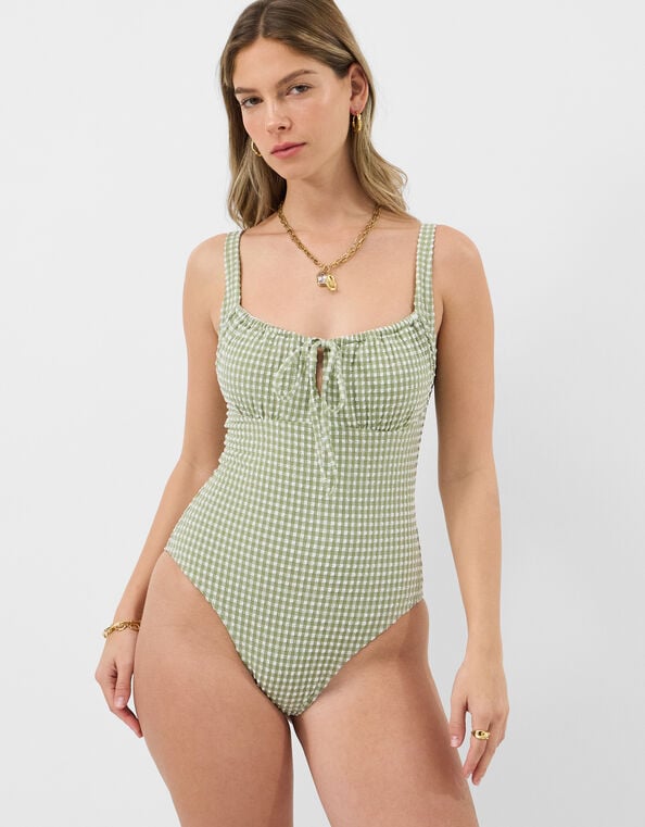 Gingham Seersucker Swimsuit, Green (KHAKI), large