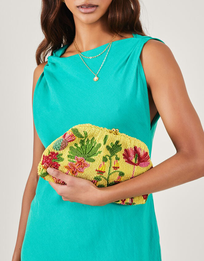 Floral Beaded Clip Frame Bag, , large