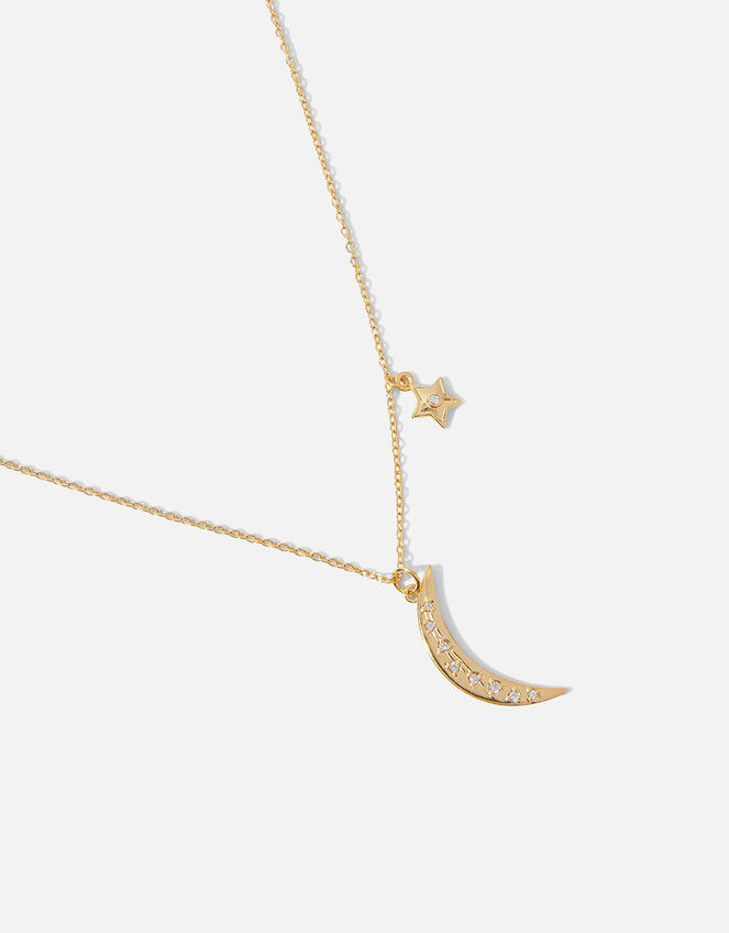 Gold Vermeil Zircon Moon Pendant Necklace, , large