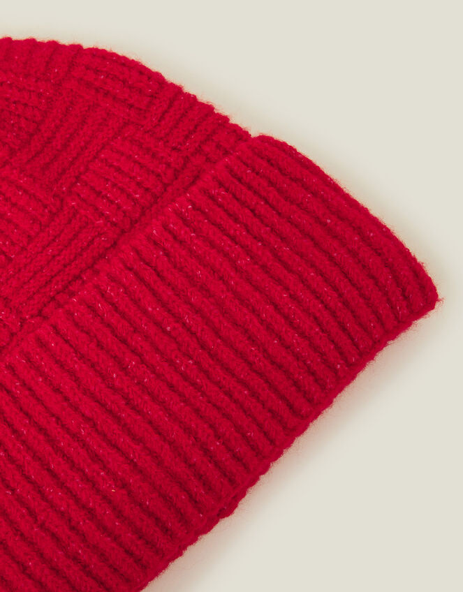 Knitted Rib Check Beanie Hat, Red (RED), large