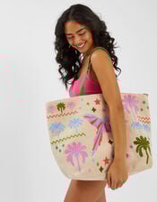 Tropical Embroidered Tote Beach Bag, , large