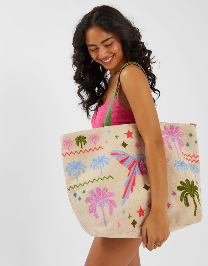 Tropical Embroidered Tote Beach Bag, , large