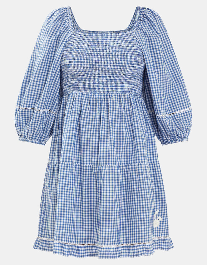 Puff-Sleeve Gingham Mini Dress, Blue (BLUE), large