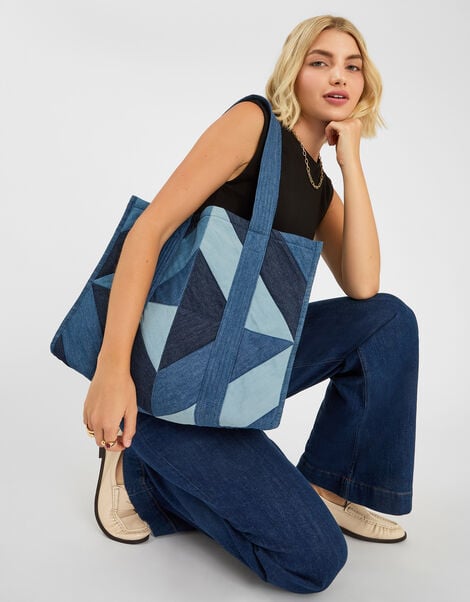 Patchwork Denim Shopper Bag, , large