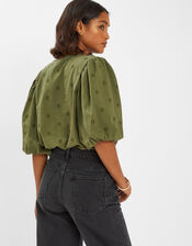 Puff Sleeve Cotton Blouse, Green (KHAKI), large