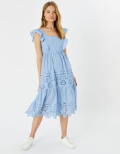 Broderie Frill Shoulder Midi Dress, Blue (BLUE), large