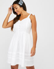 Cotton Mini Dress with Buttons, White (WHITE), large