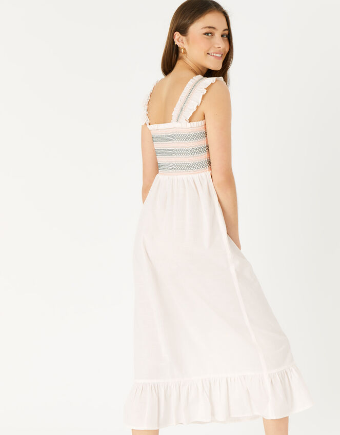 Ruffle Shoulder Smocked Midi Dress , Ivory (IVORY), large