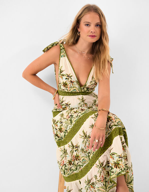 V-Neck Palm Print Tiered Maxi Dress, Ivory (IVORY), large
