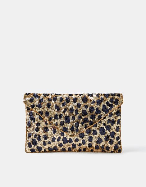 Leopard Print Sequin Clutch Bag, , large