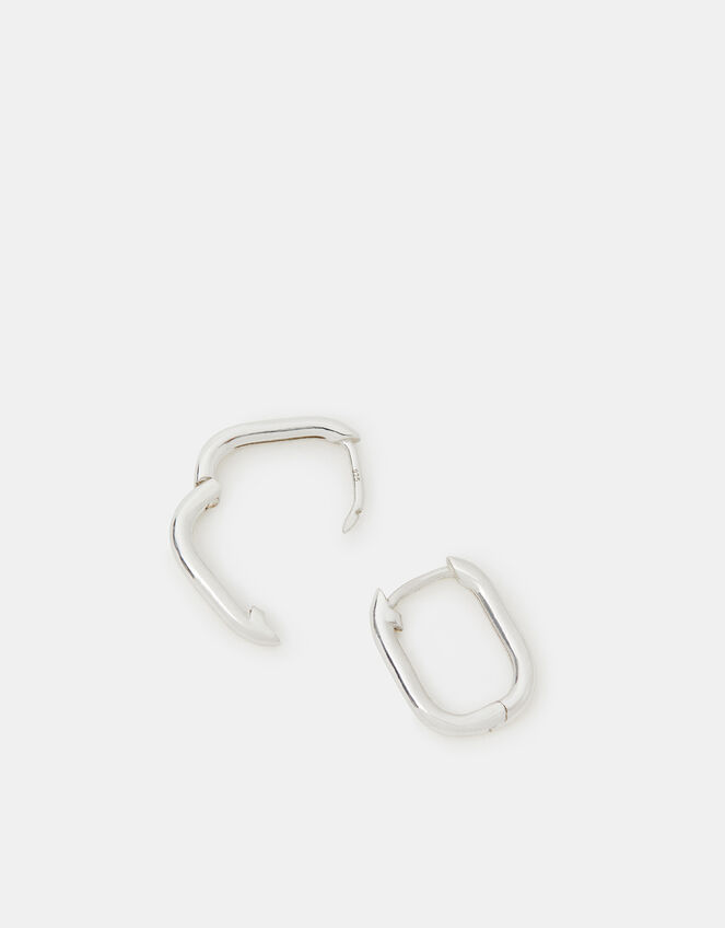 Sterling Silver Rectangular Huggie Hoop Earrings, , large
