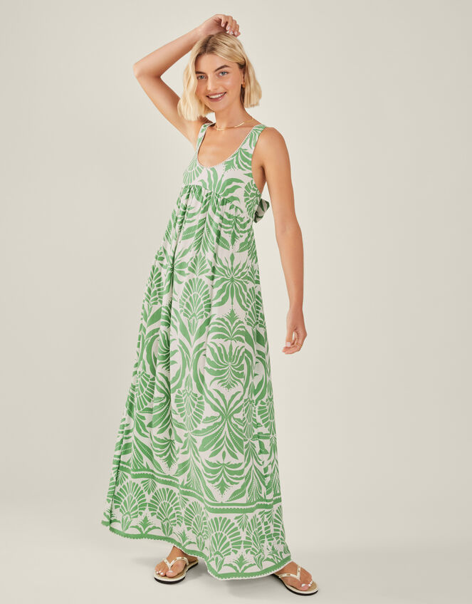 Ornamental Print Tie-Back Maxi Dress, Green (GREEN), large