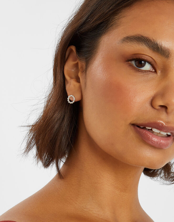 Sterling Silver-Plated Diamanté Circle Stud Earrings, , large
