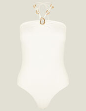 Ring Halter Neck Swimsuit , White (WHITE), large