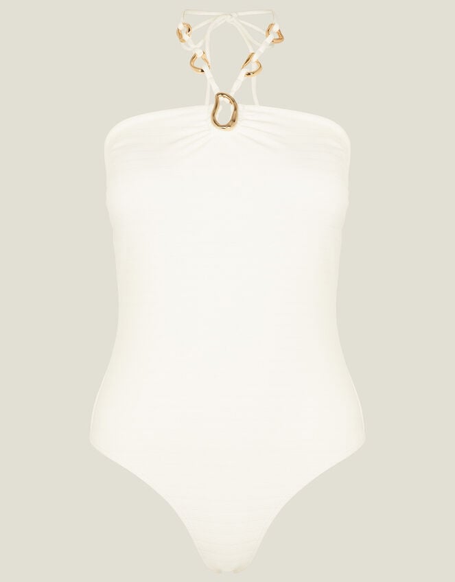 Ring Halter Neck Swimsuit , White (WHITE), large