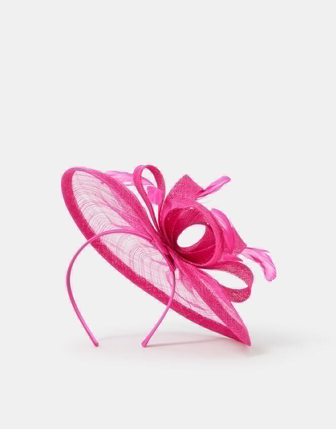 Bow Feather Disc Fascinator, Pink (FUCHSIA), large