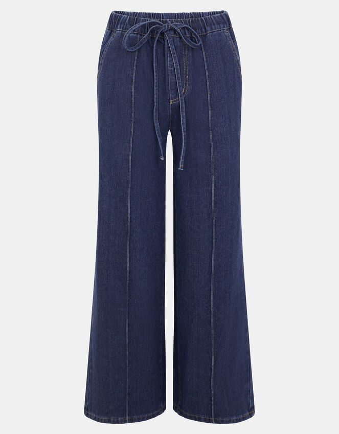 Denim Pintuck Wide Leg Trousers, Blue (DARK BLUE), large