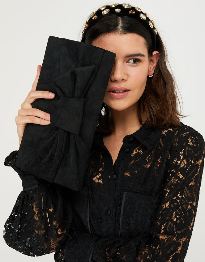 Suedette Bow Clutch Bag, , large