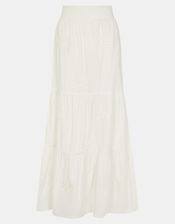 Floral Embroidered Tiered Maxi Skirt, White (WHITE), large