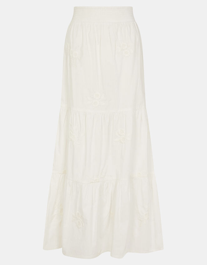 Floral Embroidered Tiered Maxi Skirt, White (WHITE), large