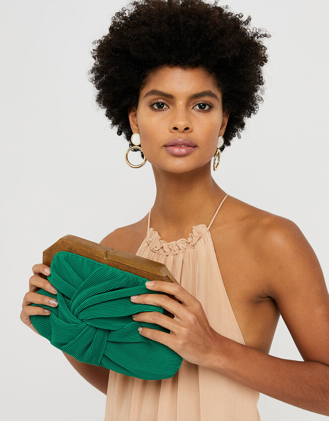 Brooke Pleated Clutch Bag with Wooden Frame, Green (GREEN), large