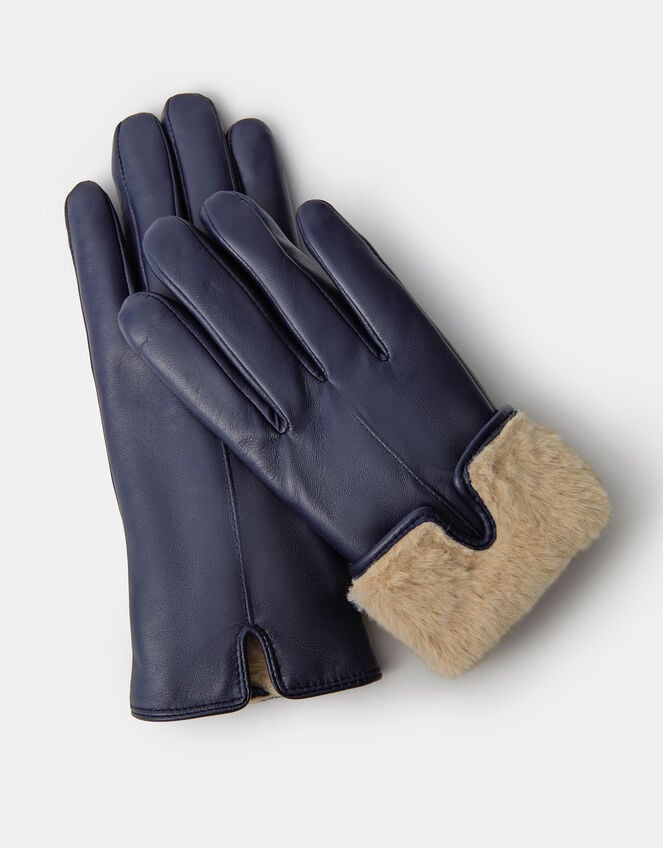 Faux Fur Lined Leather Gloves, Blue (NAVY), large