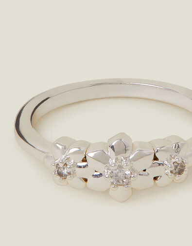 Sterling Silver-Plated Diamante Flower Ring, Silver (ST SILVER), large