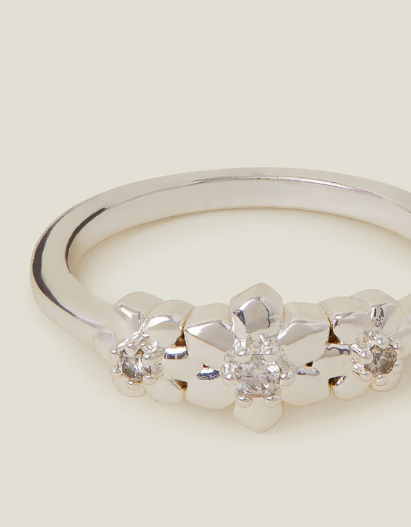 Sterling Silver-Plated Diamante Flower Ring, Silver (ST SILVER), large