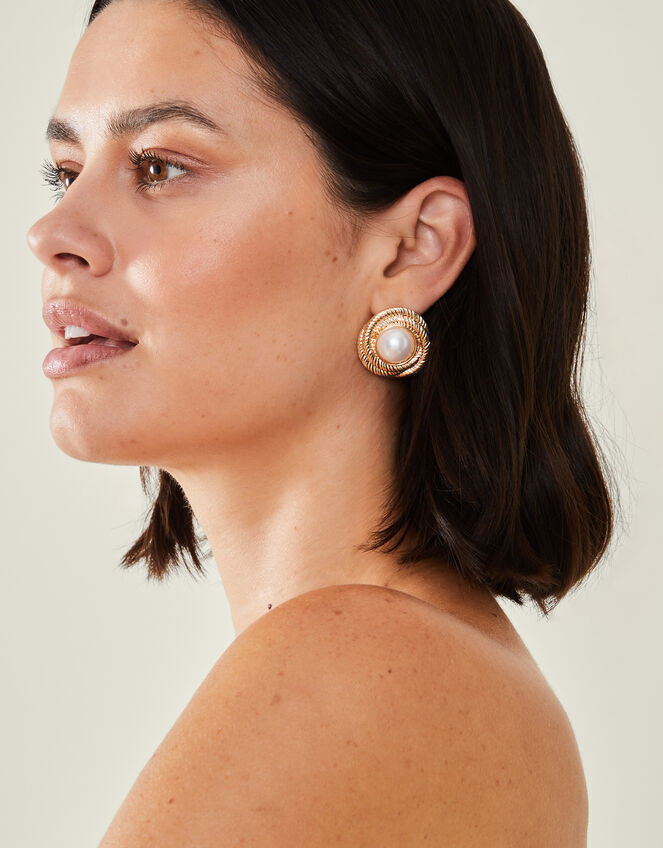 Round Pearl Frame Stud Earrings, , large