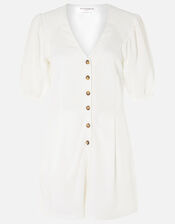 Puff Sleeve Playsuit in Pure Linen , Cream (CREAM), large
