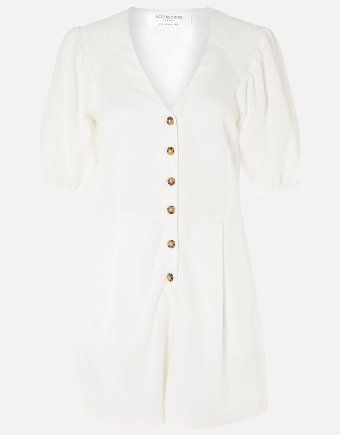 Puff Sleeve Playsuit in Pure Linen , Cream (CREAM), large