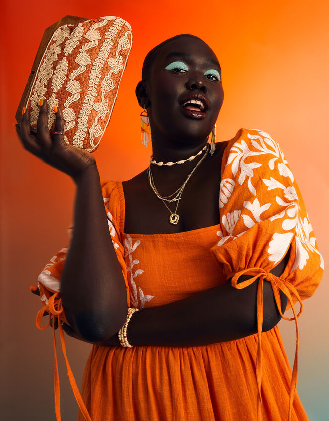 Raffia Beaded Wooden Frame Clutch Bag, Orange (ORANGE), large