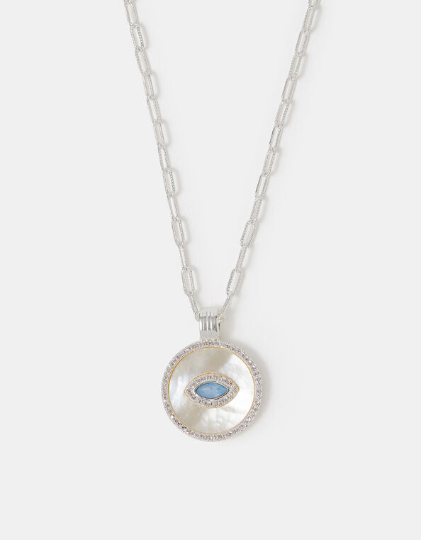 Sterling Silver-Plated Evil Eye Pendant Necklace, , large