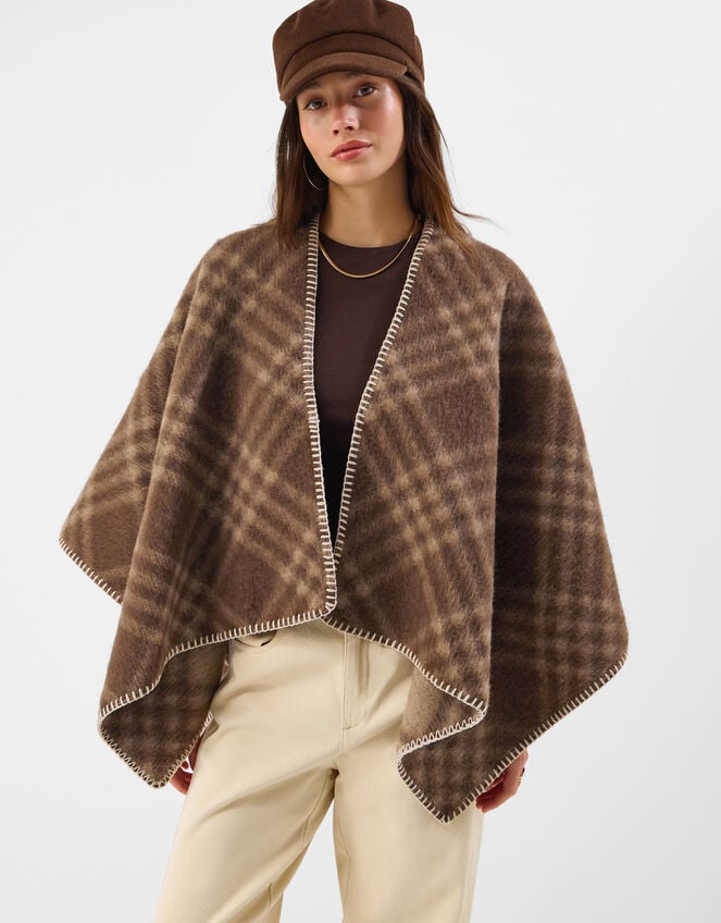 Check Print Knit Poncho, , large