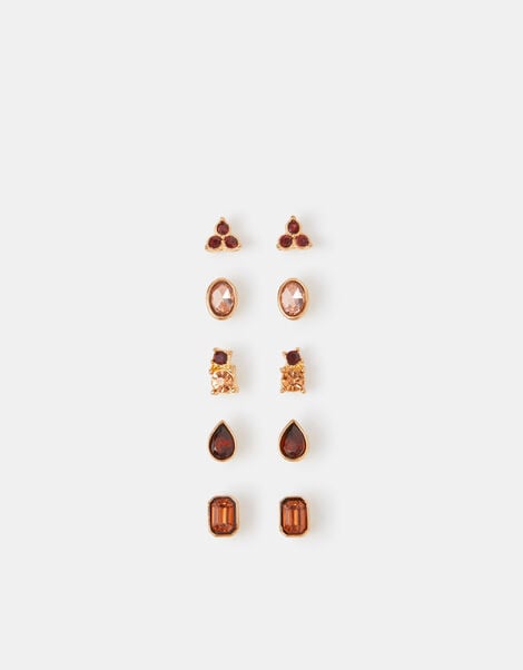 5-Pack Gemstone Stud Earrings, Brown (BROWN), large