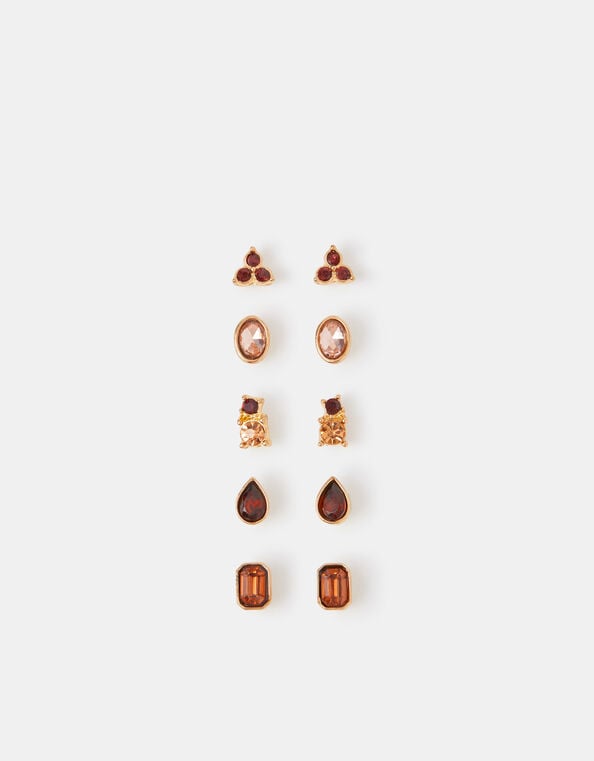 5-Pack Gemstone Stud Earrings, Brown (BROWN), large
